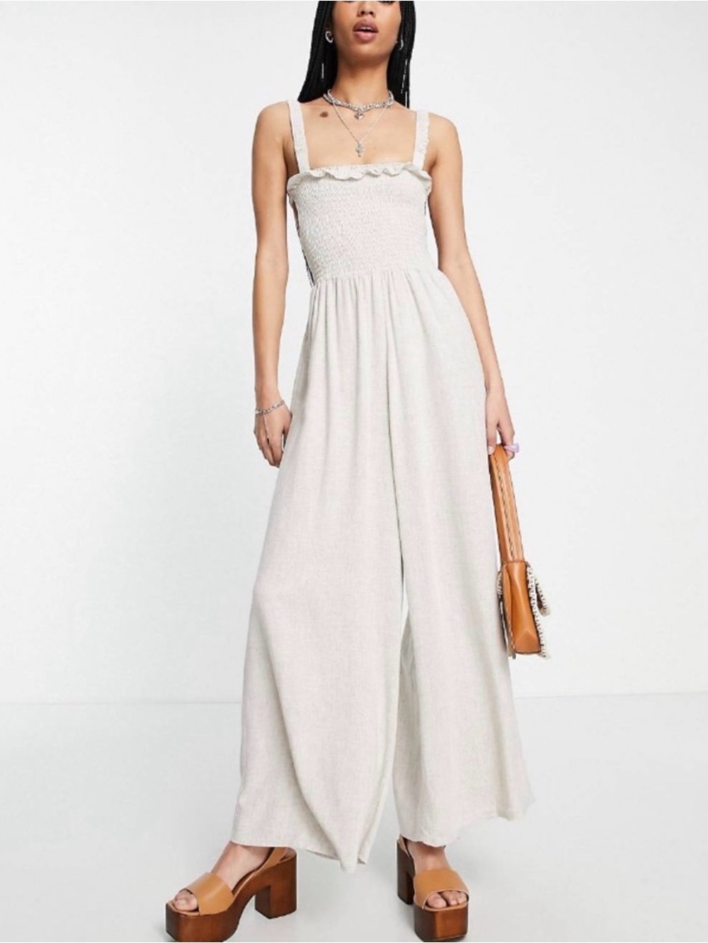 Topshop Cream Smocked Wide-Leg Jumpsuit